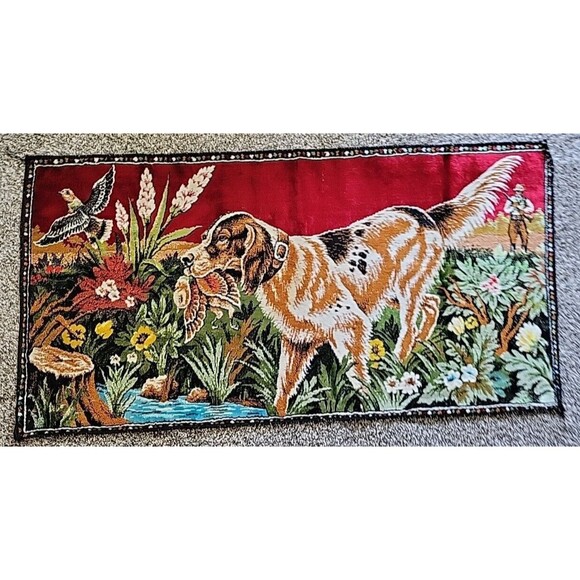 VTG Pointer Dog Bird Hunt Scene Tapestry Rug Rayon Cotton 38x20" Man Cave Cabin - Picture 1 of 8
